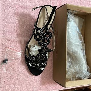 Bella Marie Flower Embellished Black Heels with Ankle Strap